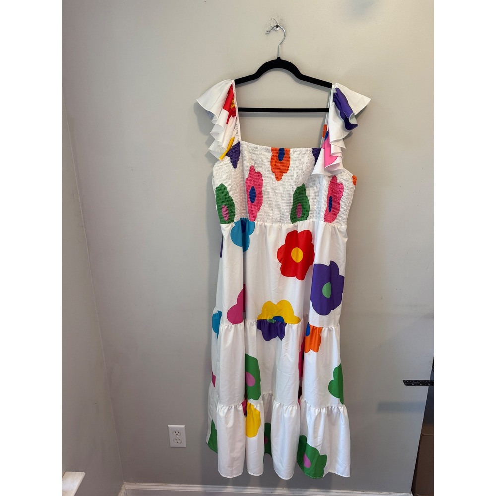 SHEIN Curve Womens 6XL Floral Smocked Tiered Maxi Dress White Multicolor Ruffle